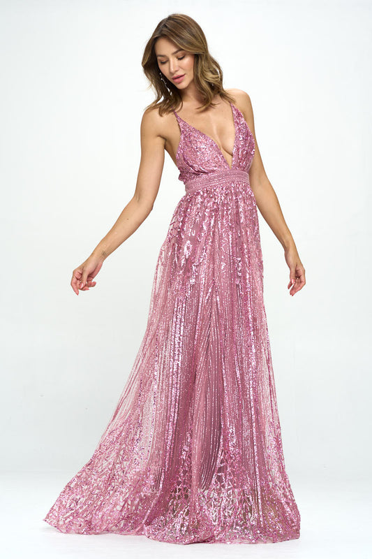 Mauve pink sequin glitter formal gown with plunging neckline and cross-back straps