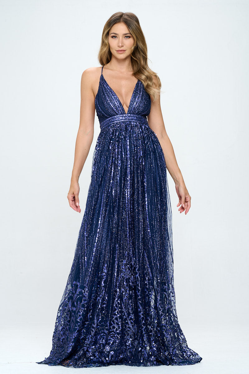 Sequin Glitter X Back Formal Gown