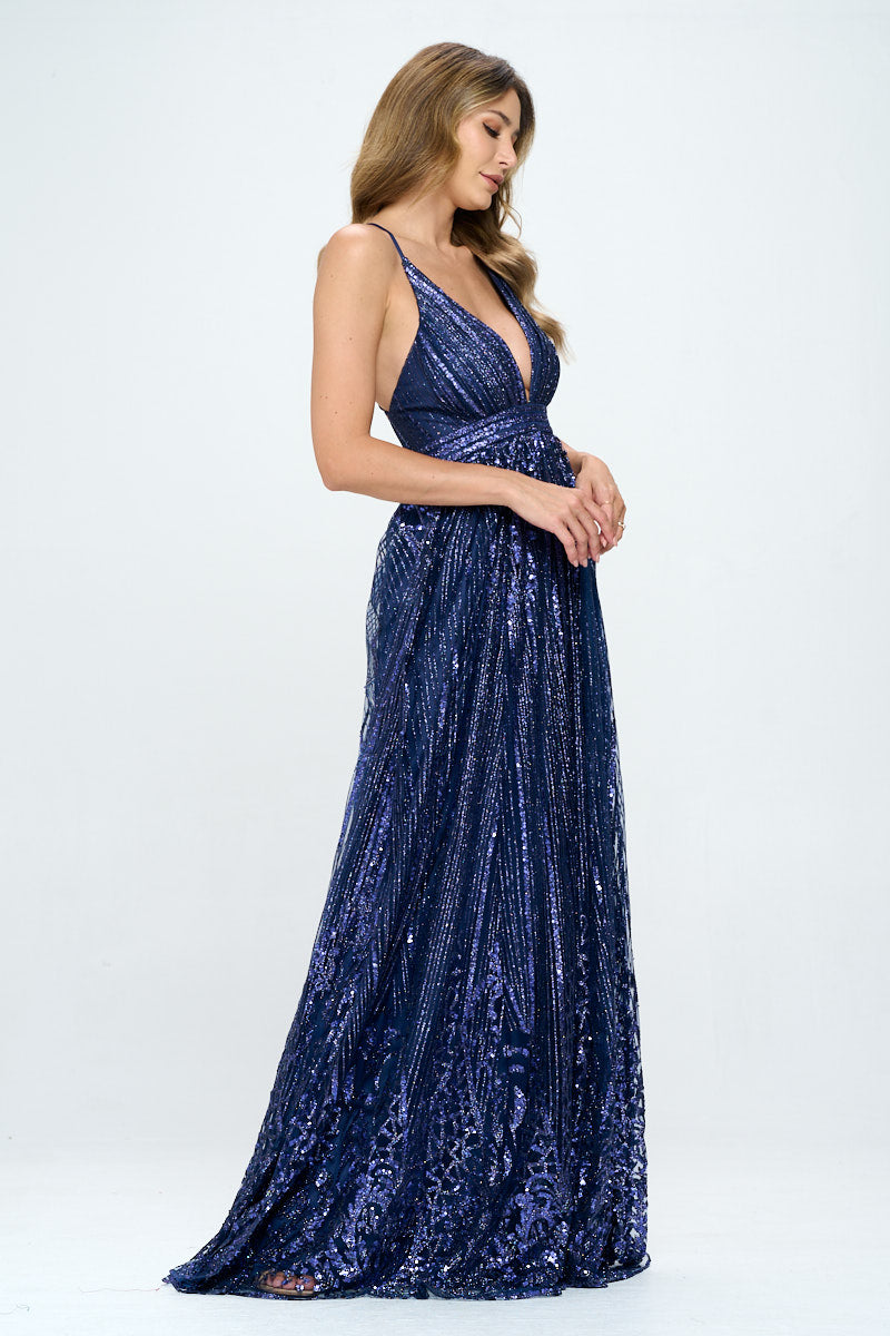 Sequin Glitter X Back Formal Gown