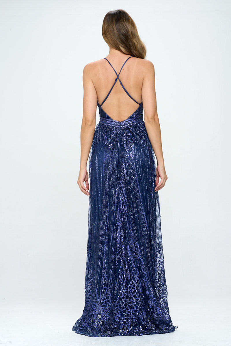 Sequin Glitter X Back Formal Gown