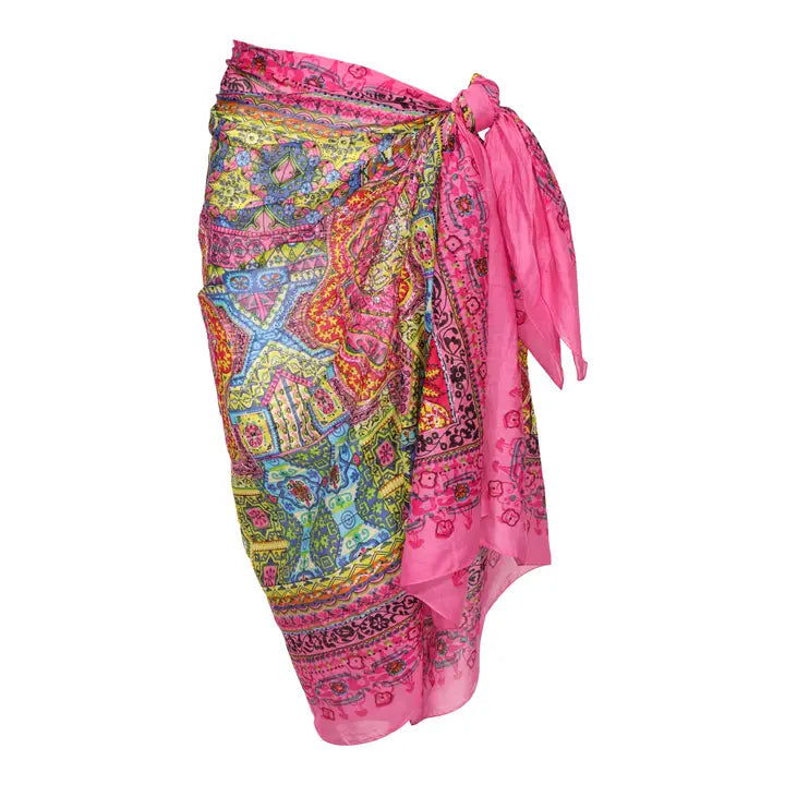 Geo Metallic Embroidered Cotton Sarong Cover-Up – Orange, Blush, Fuchsia