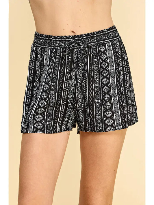 Black and white aztec print women's shorts with wide smocked elastic waistband and self-tie drawstring – lightweight boho summer shorts