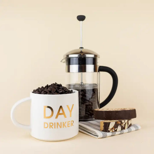 Funny coffee mug - day drinker - 16oz ceramic mug with gold foil lettering