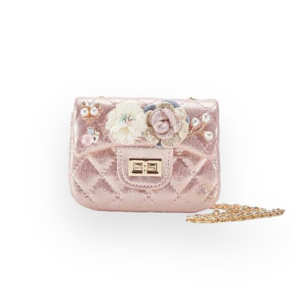 Girls' Floral Appliques Metallic Quilted Purse