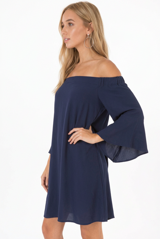 Off-the-Shoulder Bell Sleeve Dress in Navy