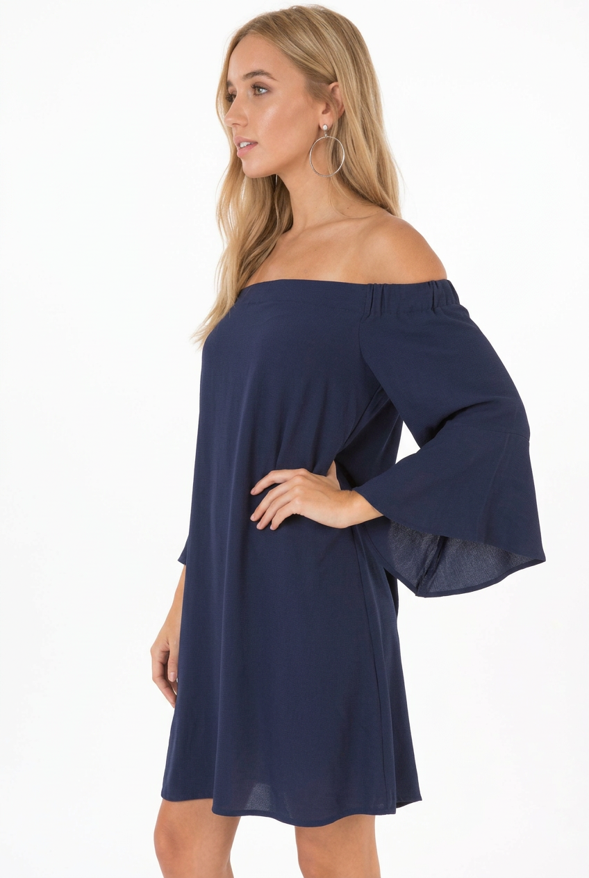 Off-the-Shoulder Bell Sleeve Dress in Navy