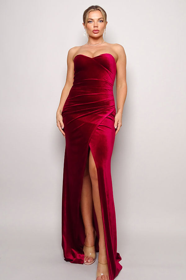Strapless Velvet Sweetheart Gown with Slit