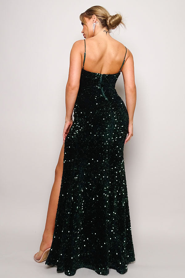 Deep V Side Slit Sequin Velvet Gown