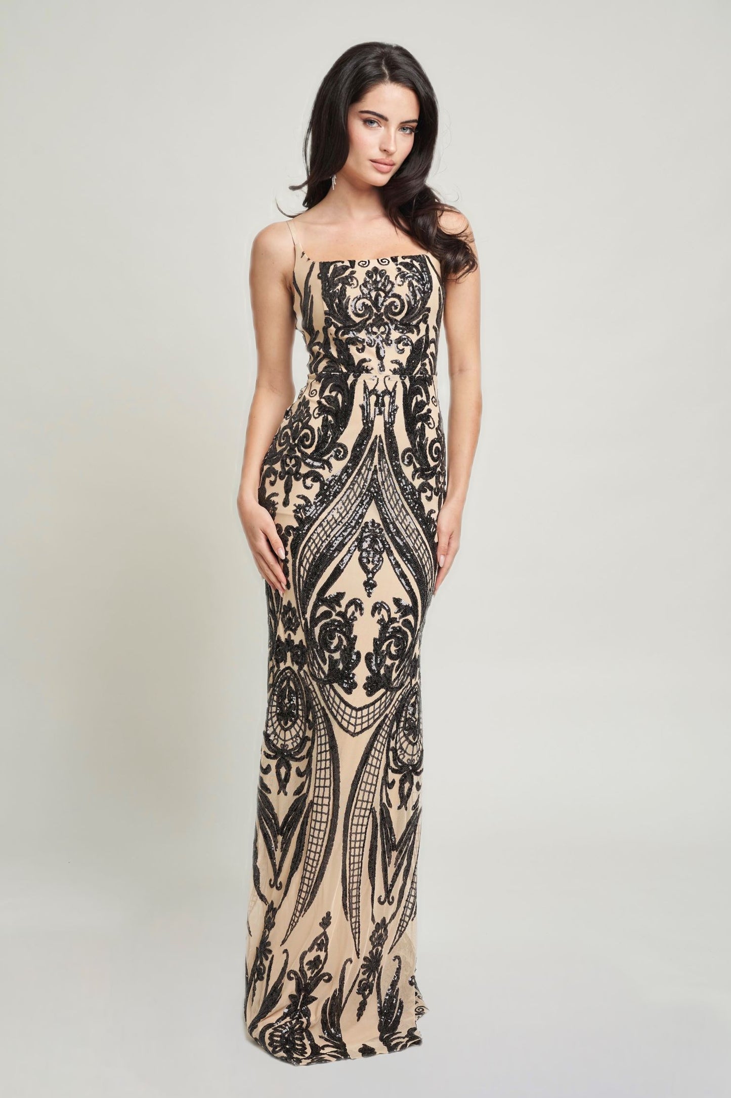 Square Neck Contrast Sequin Spaghetti Strap Gown