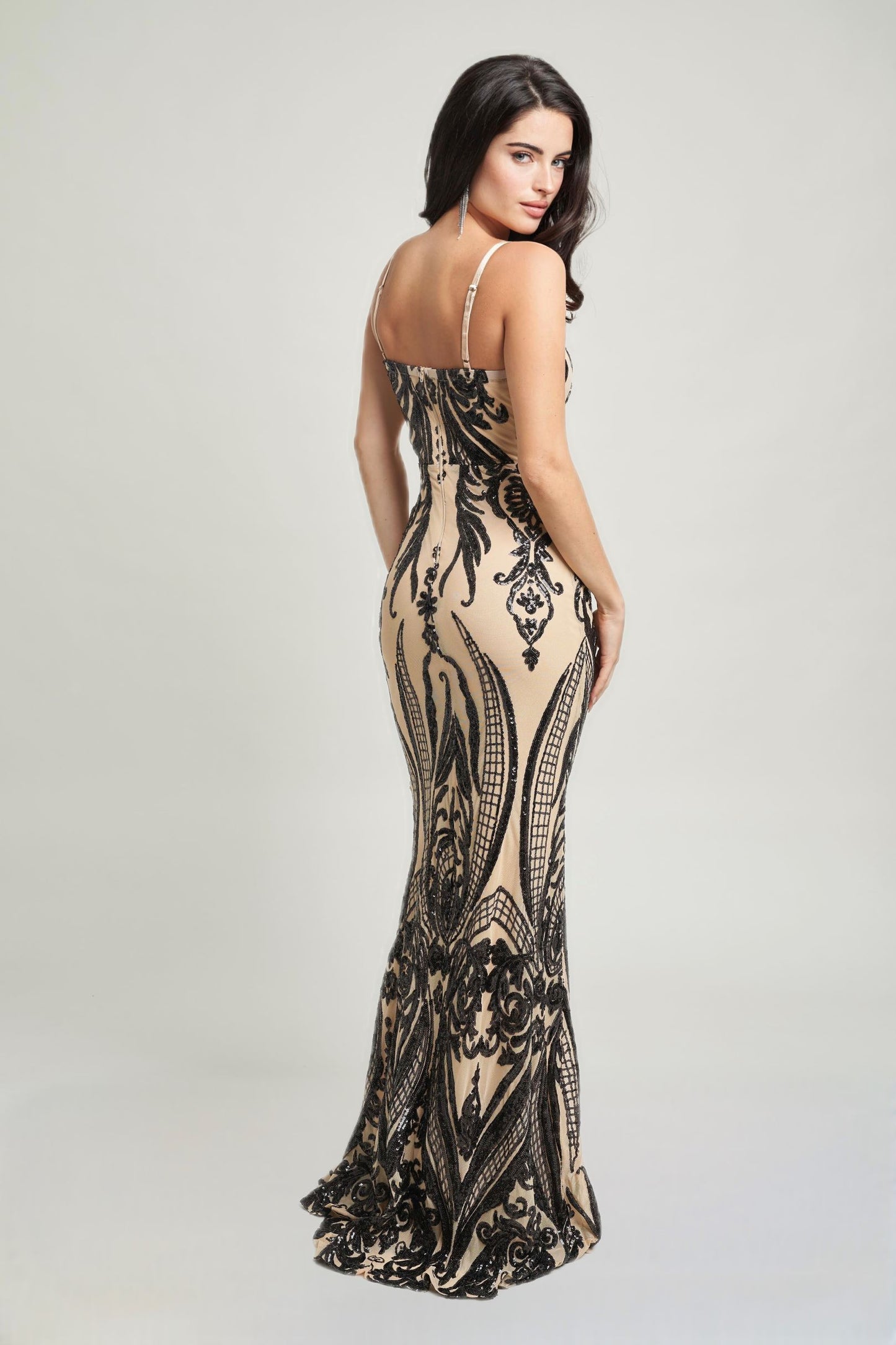 Square Neck Contrast Sequin Spaghetti Strap Gown