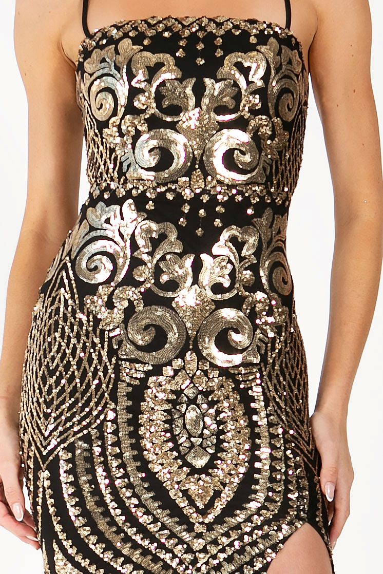 Square Neck Sequin High Slit Evening Gown – Black & Gold or Cream & Gold