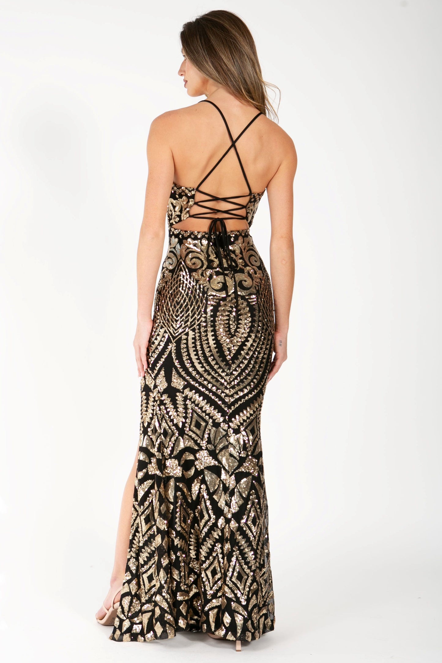 Square Neck Sequin High Slit Evening Gown – Black & Gold or Cream & Gold