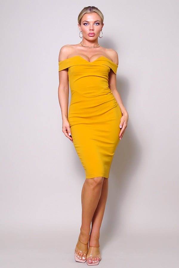 Mustard Off-the-Shoulder Bodycon Dress Sweetheart Neckline | Knee Length Mustard / M Mustard Off-the-Shoulder Bodycon Dress Sweetheart Neckline | Knee Length Mustard / M