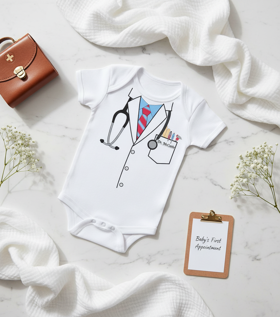Baby doctor onesie styled in flat lay with toy medical kit, clipboard, white muslin blanket and flowers - premium gift presentation