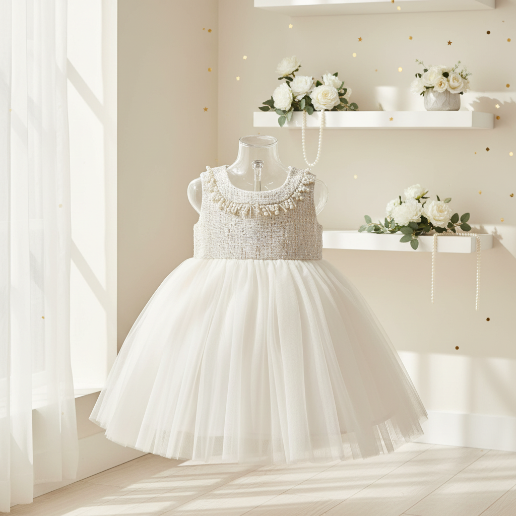 Girls ivory tweed and tulle dress with pearl trim displayed in elegant lifestyle setting with soft lighting, delicate florals and pearl accents