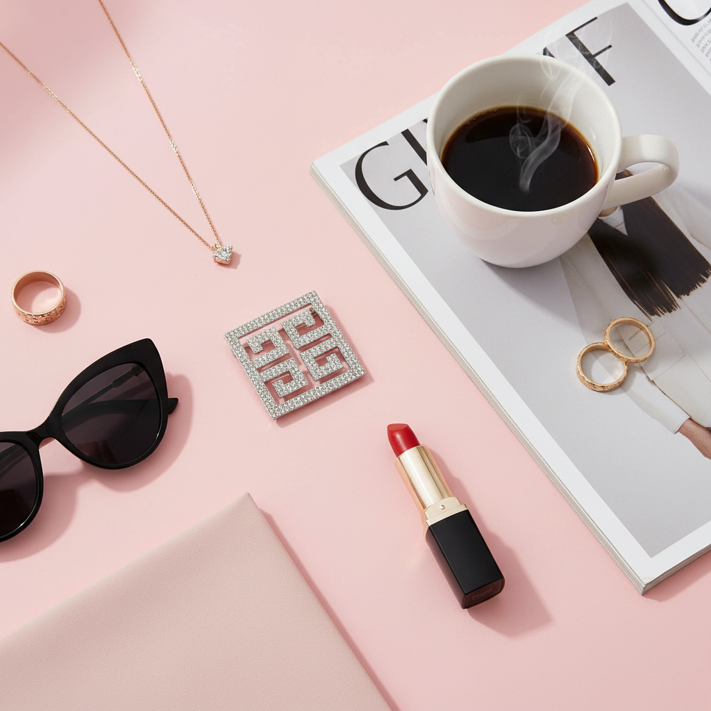 Greek key rhinestone brooch arranged with fashion magazine, coffee cup, lipstick, and sunglasses on blush pink background, feminine lifestyle flat lay photography
