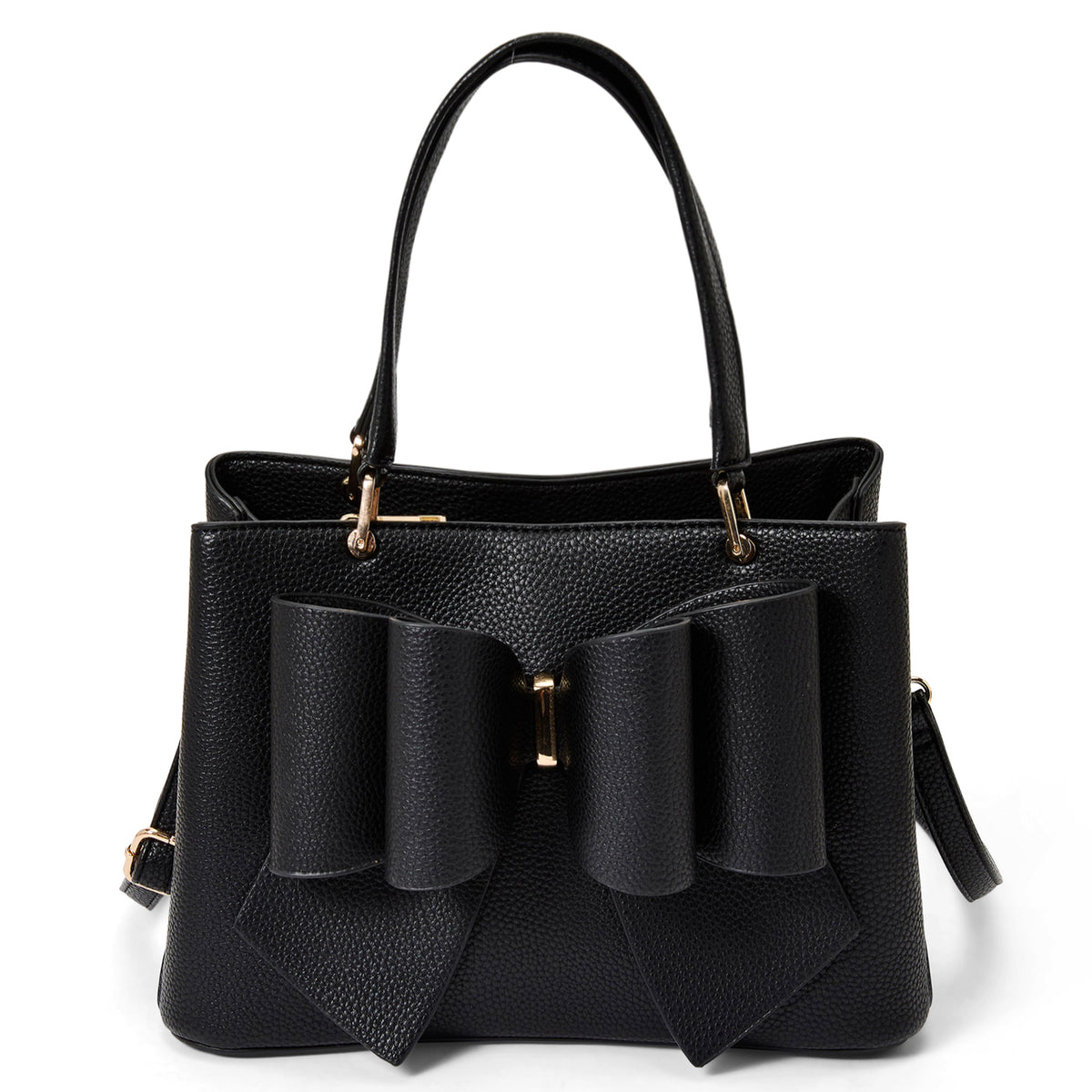 Black handbag with ruffled details on a white background
