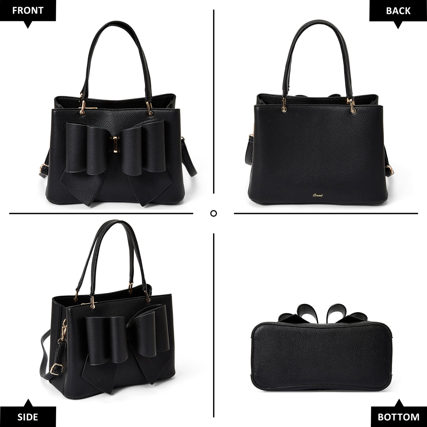 Black handbag shown from front, back, side, and bottom angles on a white background.