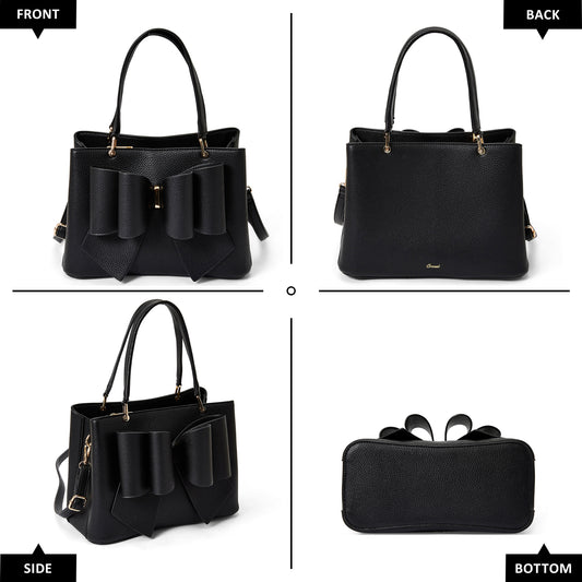 Black handbag shown from front, back, side, and bottom angles on a white background.