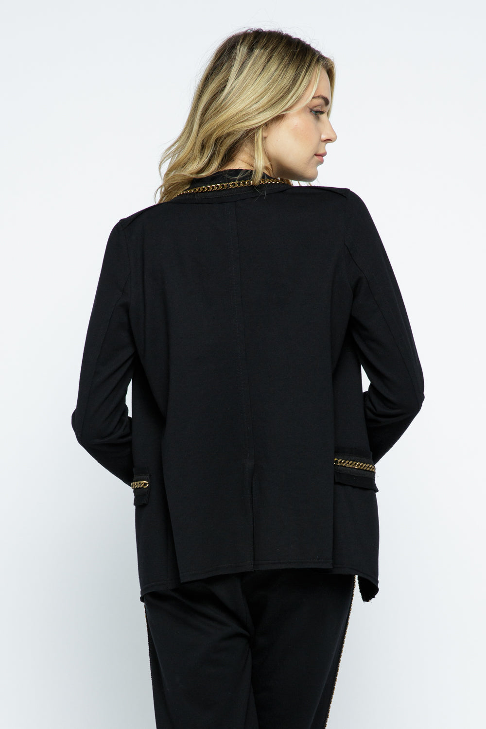 Black Chain Trim Jacket - Long Sleeve Blazer with Gold Detail
