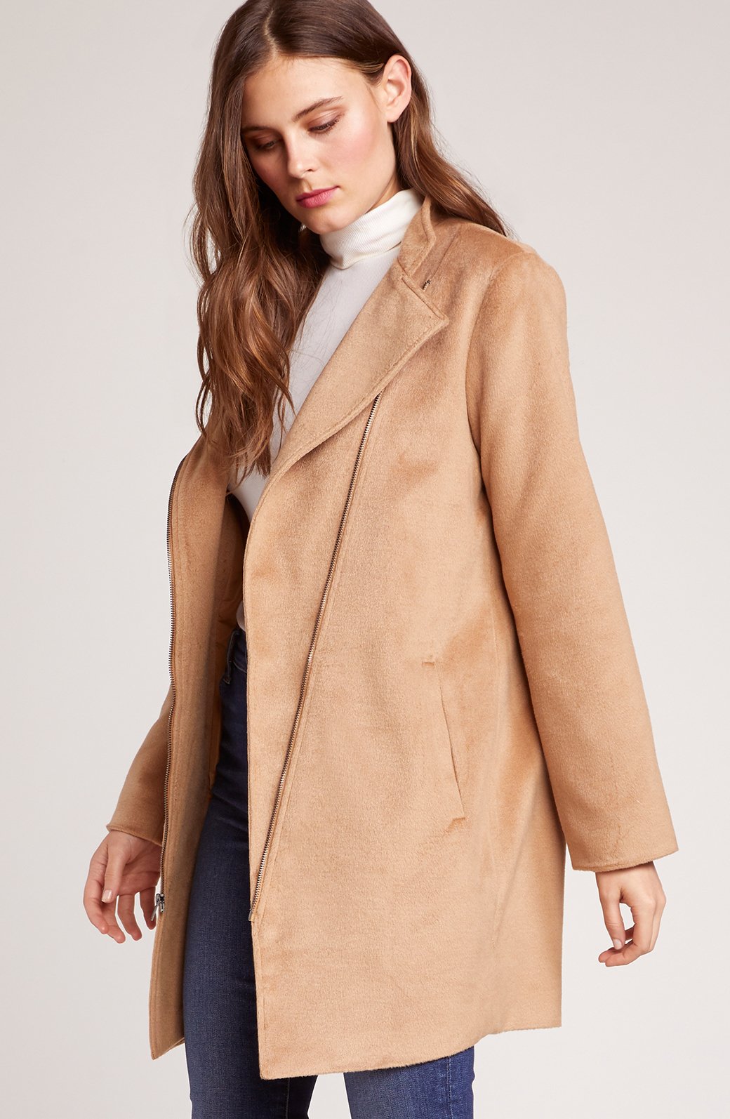 Camel Faux Suede Asymmetric Zip Coat