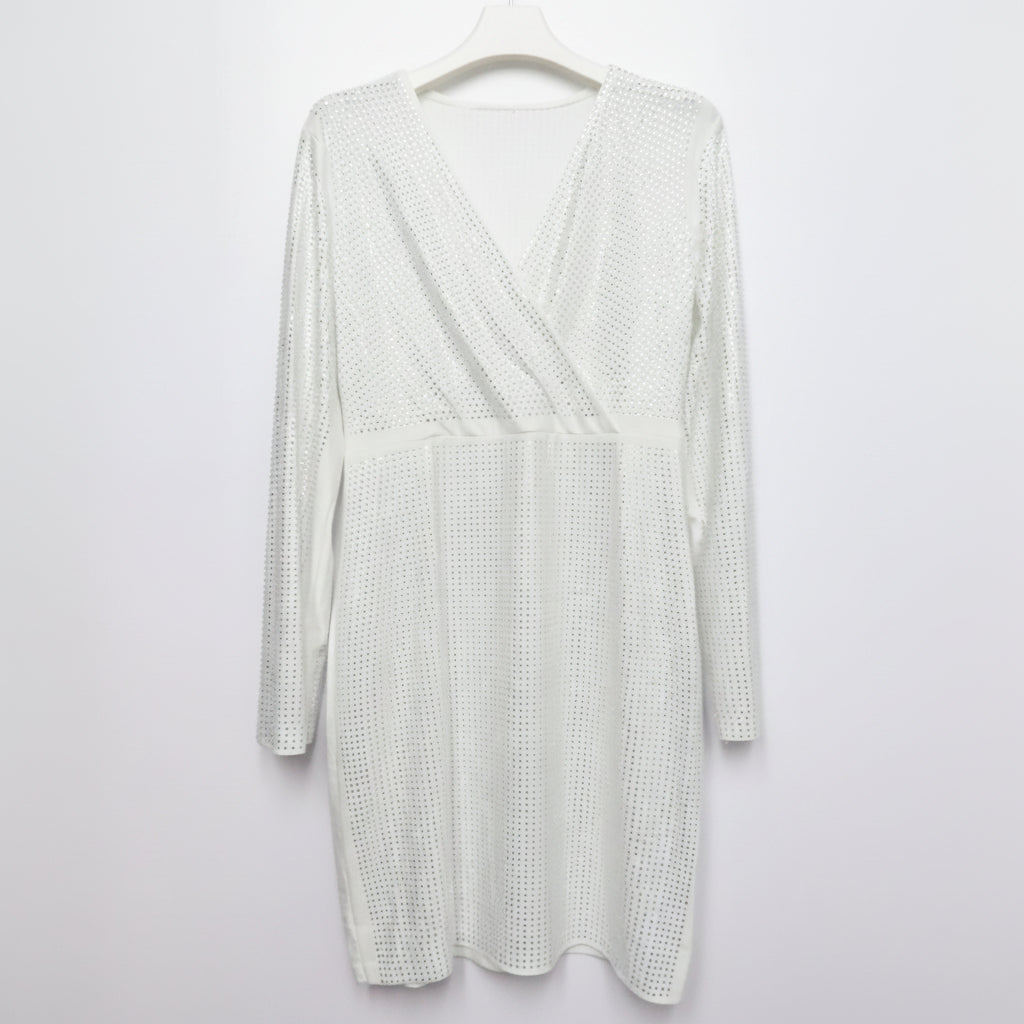 White Rhinestone Crystal Wrap Mini Dress – Long Sleeve