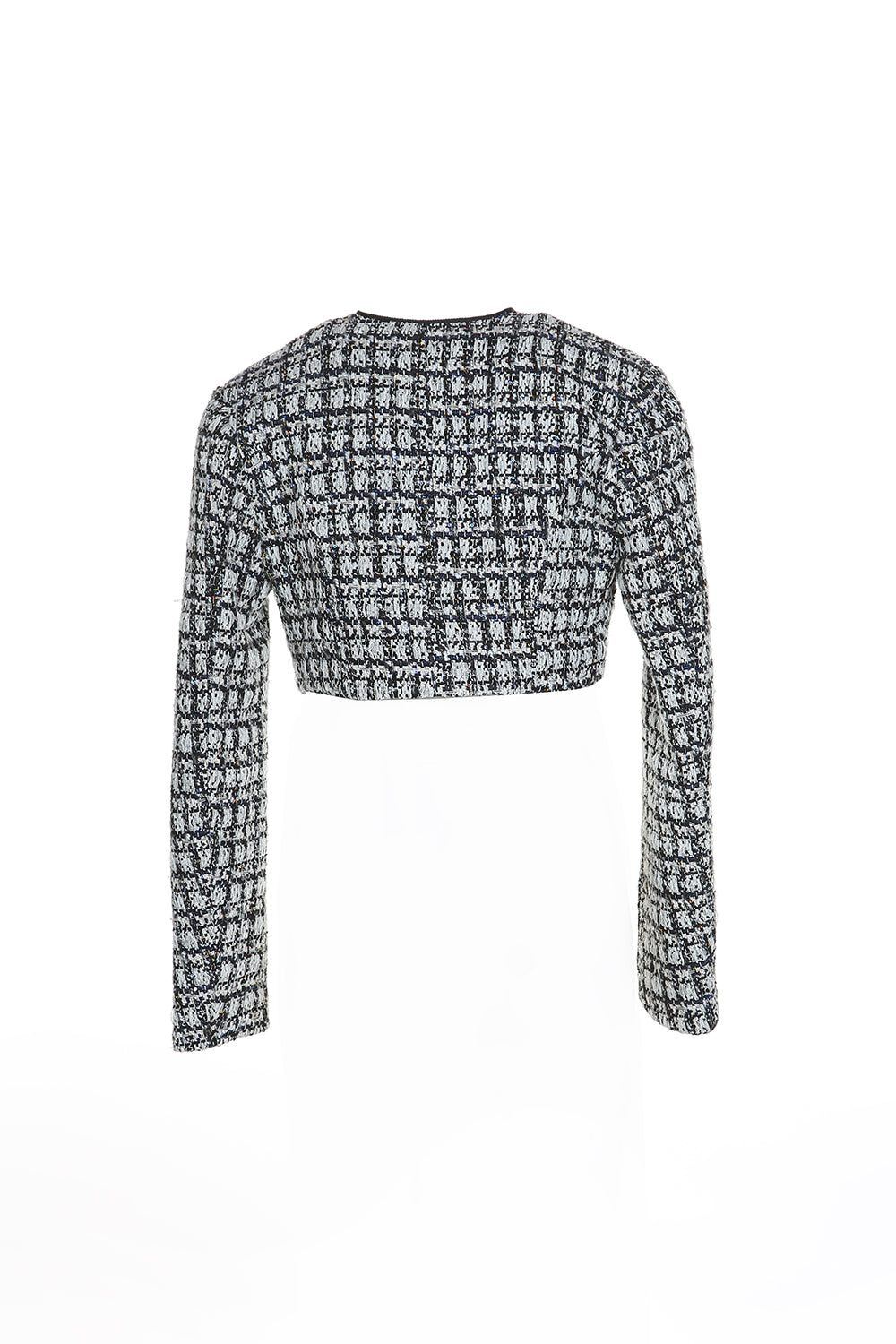 Black and white patterned long-sleeve top on a white background