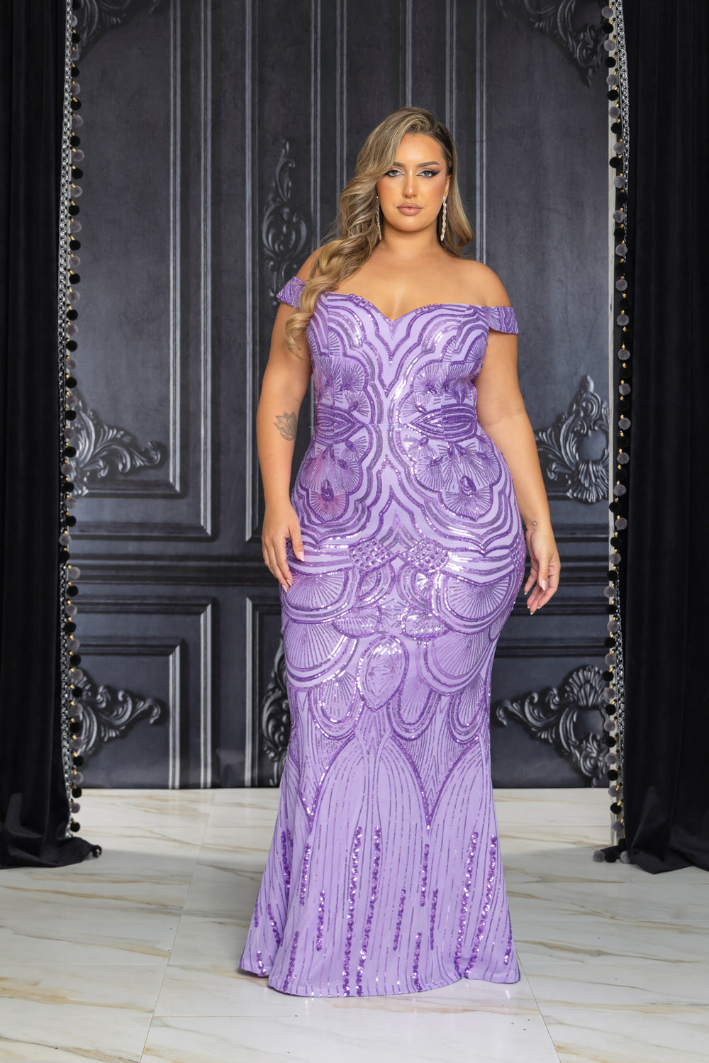 Off Shoulder Sequin Pattern Gown PLUS