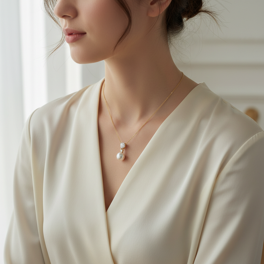 Woman wearing delicate pearl drop pendant necklace with cubic zirconia accents on gold chain, styled with elegant attire