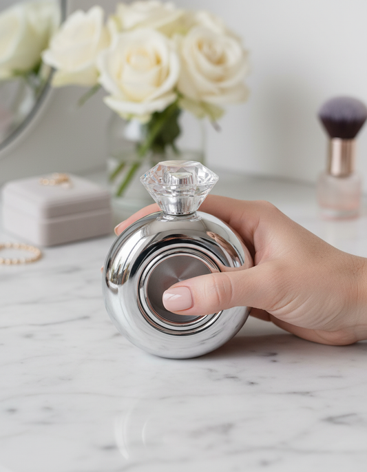 Stainless Steel Diamond Rng Flask on makeup counter