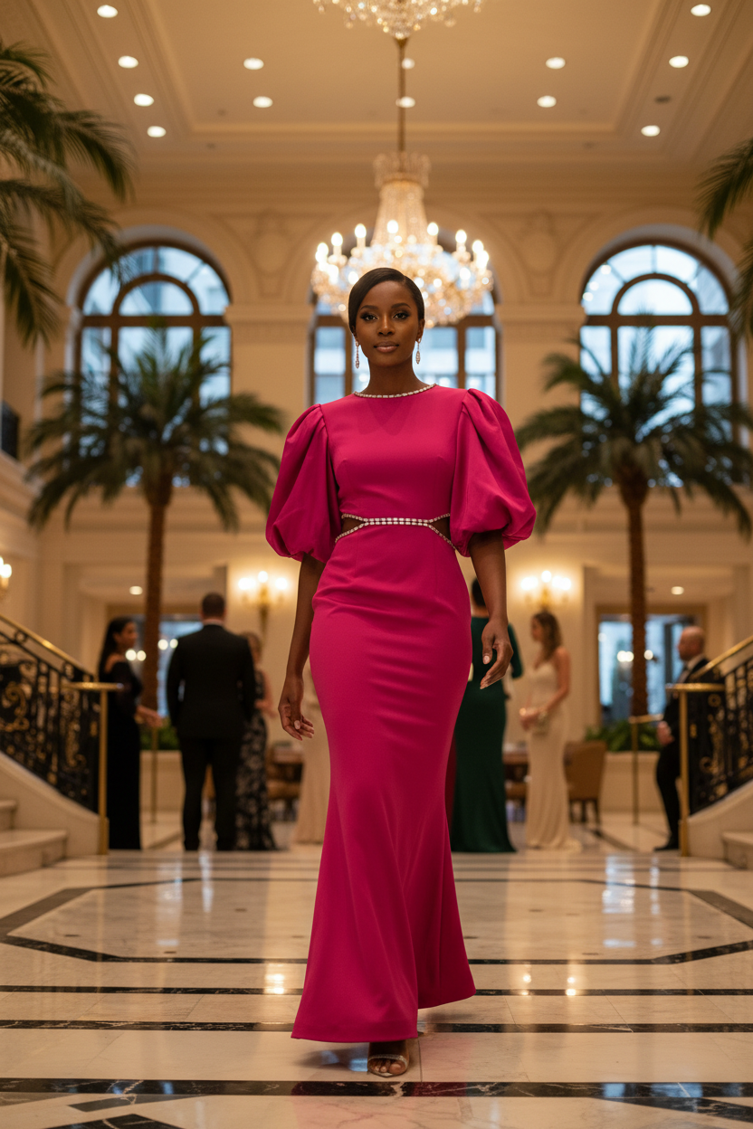 A woman walks down a grand hotel lobby wearing a bright fuchsia pink floor-length gown with puffed sleeves and a thin metallic embellished waistband.