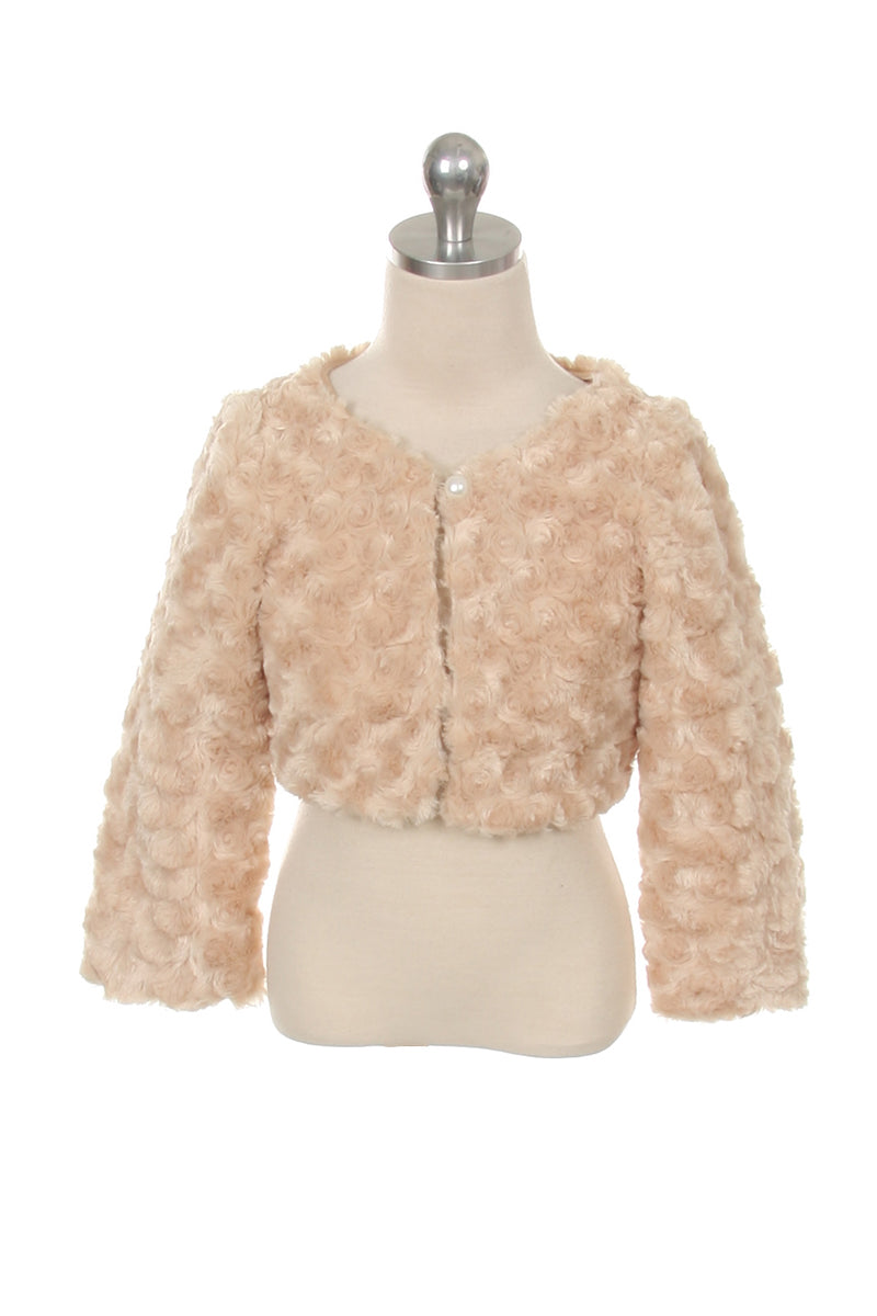 Girls' taupe faux fur bolero on mannequin with pearl closure, soft plush formal cover-up for special events