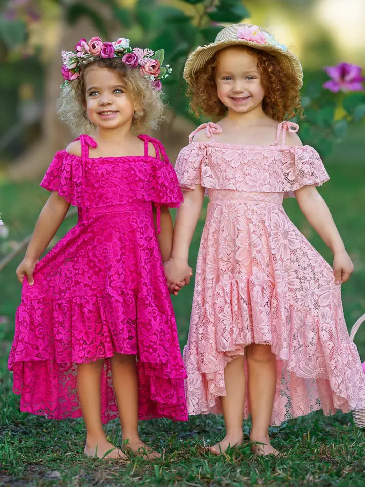 Girls' Pink Floral Lace Hi Lo Cold Shoulder Maxi