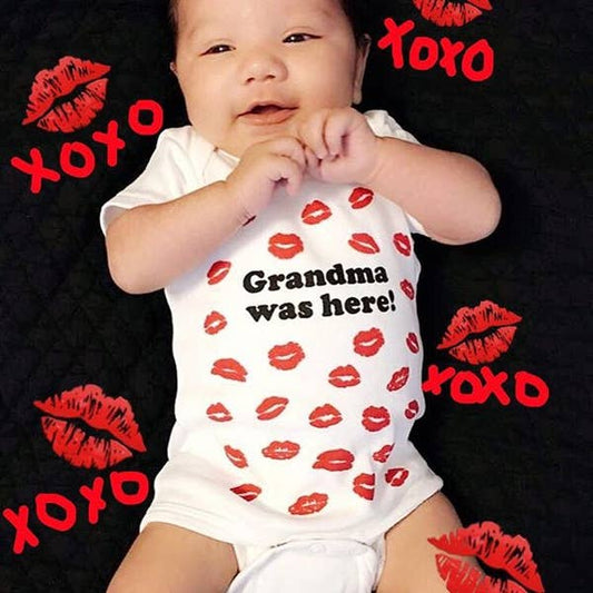 Grandma Was Here Baby Onesie 12-18 Months – White with Red Kisses