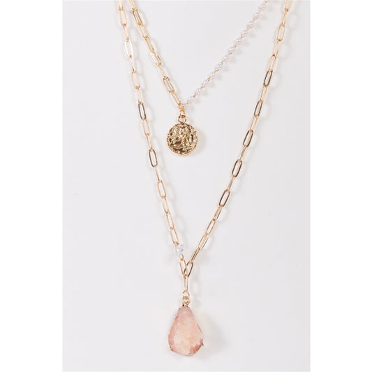 Faux Rose Quartz Layered Chain Necklace