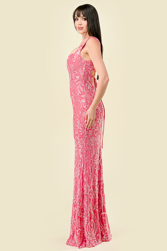 Sequin Square Neck Gown w/Lace-up Back