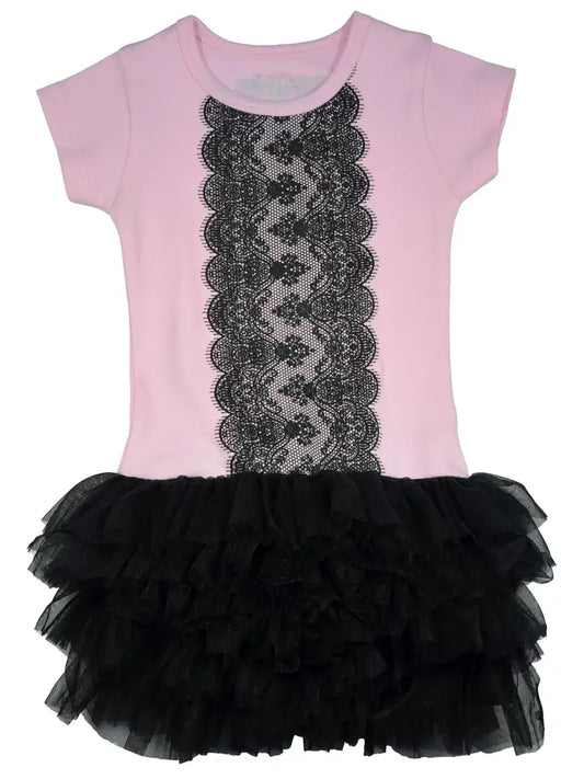 Pink onesie tutu dress with black lace panel detail down front and black ruffled tulle skirt