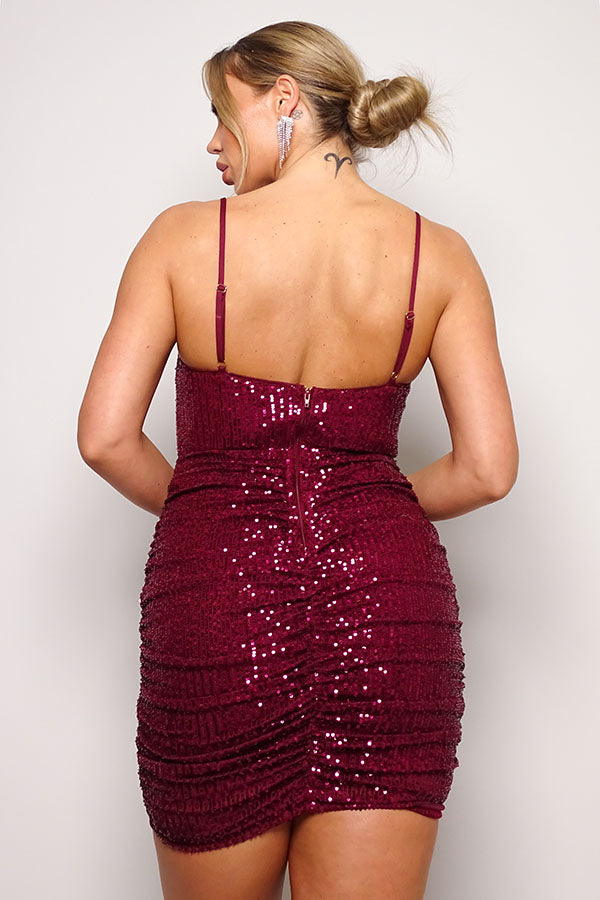 Spaghetti Strap Sequin Ruched Mini Dress - Burgundy