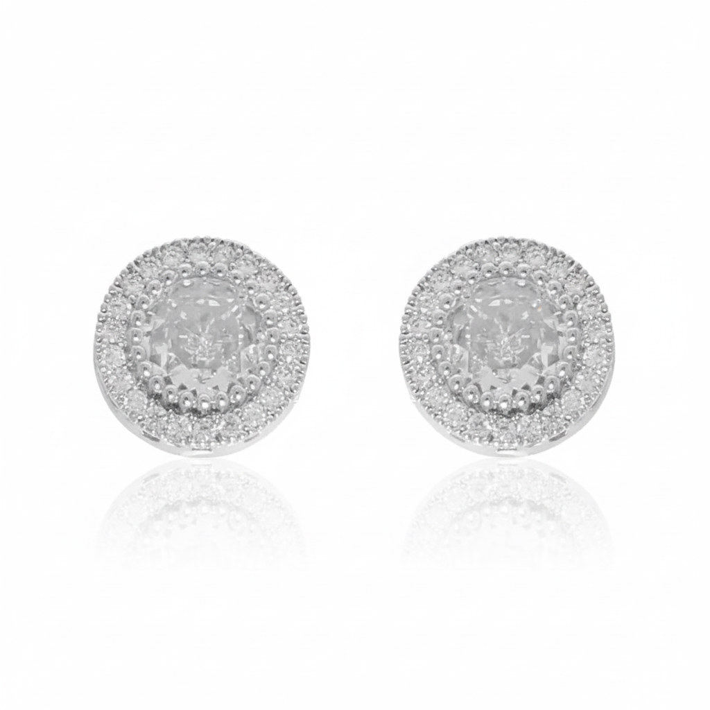 White Gold Plated CZ Halo Stud Earrings