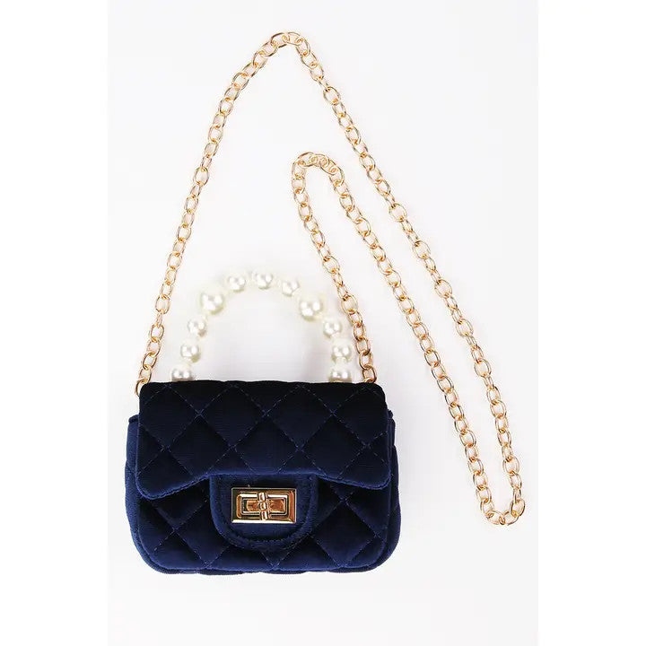 Girls' Mini Quilted Velvet Bag w/Pearl Handle and Gold Chain