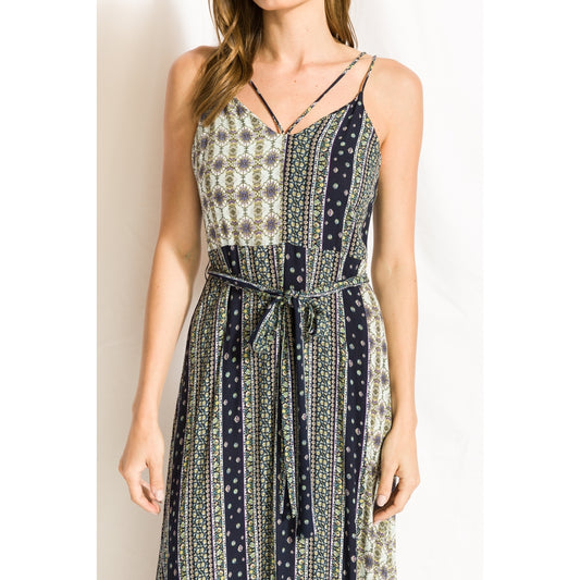 Navy & Sage Mixed Print Maxi Dress | Double Strap Boho Tie-Waist
