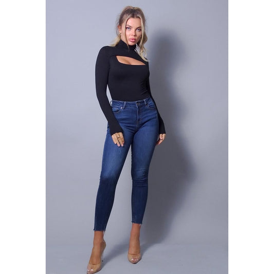 Sexy Long Sleeve Front Cutout Bodysuit Black