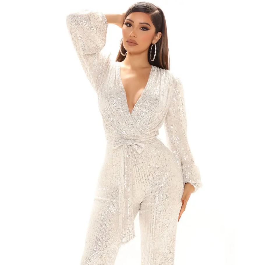 V-Neck Allover Sequin Jumpsuit