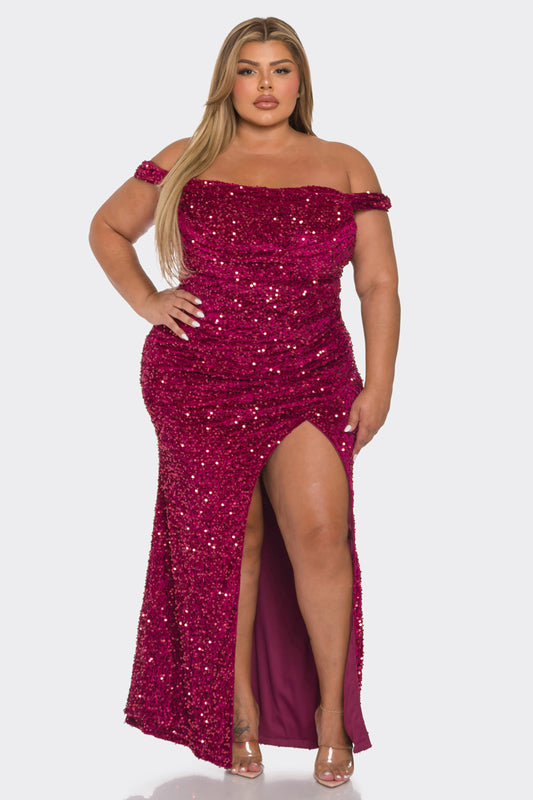 Sequin Velvet Off-the-Shoulder Gown w/Slit - PLUS