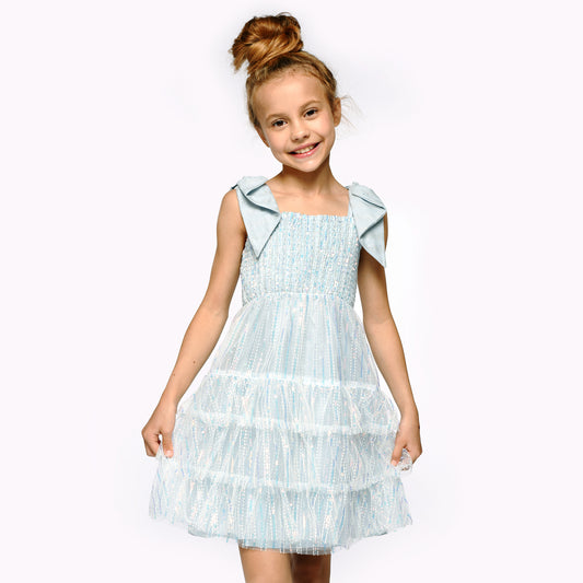 Girls' ice blue sequin tiered babydoll dress with bow shoulder straps, sparkly party dress for all celebrations