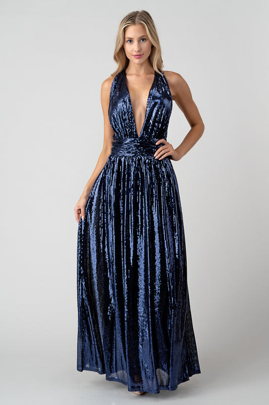 Navy Plunge Sequin Gown