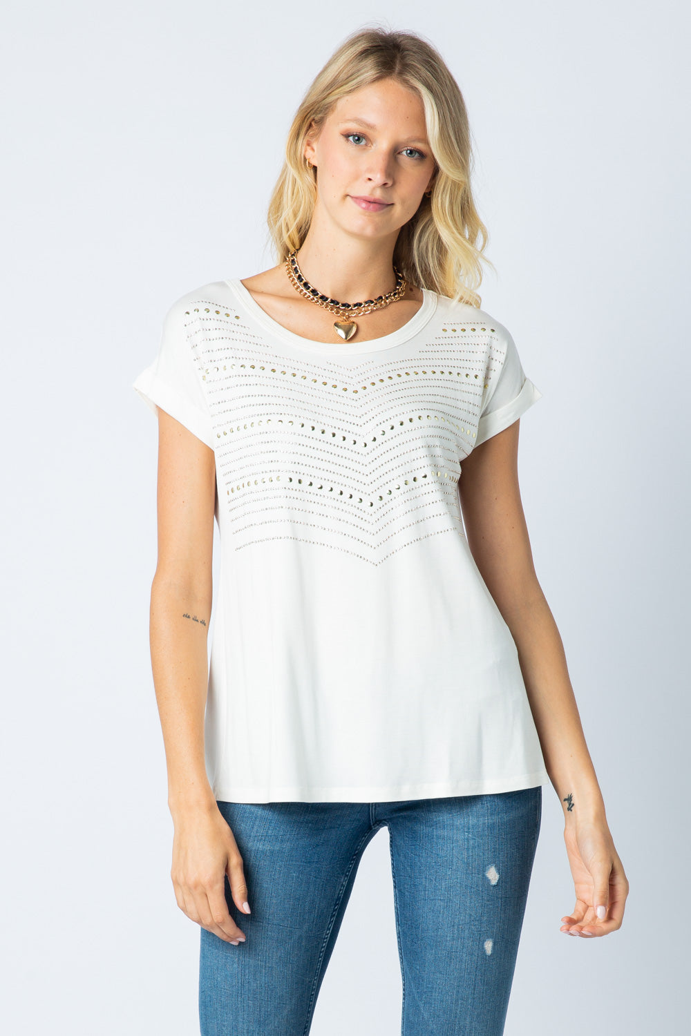 Off-White Embellished Top – Short Sleeve Relaxed Fit