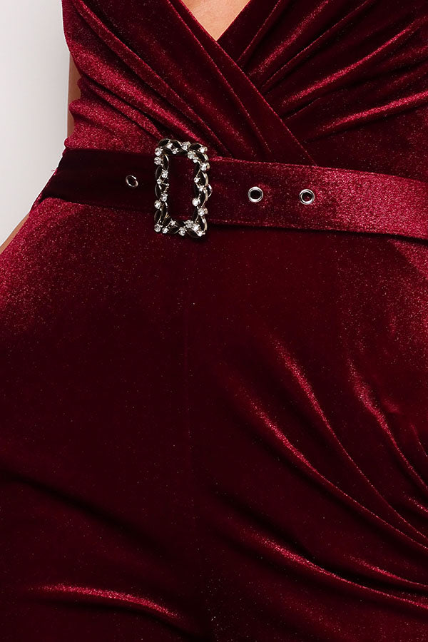 Rhinestone Belt Velvet Jumpsuit