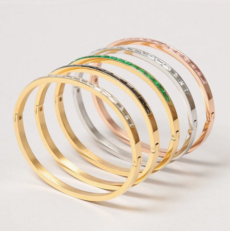 Stainless Steel Stone Pave Hinged Bangle