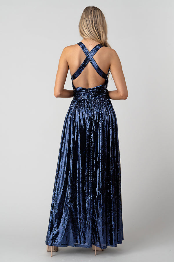 Navy Plunge Sequin Gown